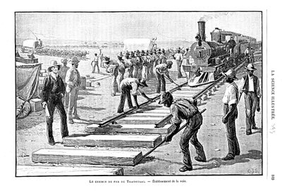 दक्षिण अफ्रीका, 1893 में ट्रांसवाल रेलवे पर स्लीपर और रेल को स्थायी रूप से बिछाना द्वारा अज्ञात