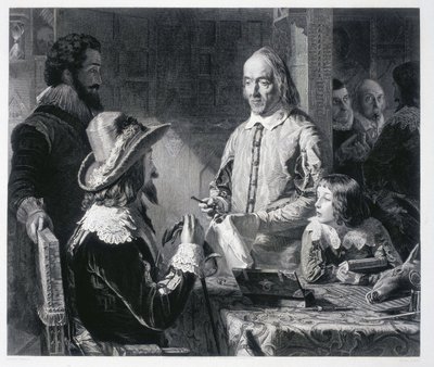इंग्लैंड के राजा चार्ल्स प्रथम स्टुअर्ट (1600-1649) को रक्त परिसंचरण का सिद्धांत दिखाते हुए अंग्रेज चिकित्सक विलियम हार्वे (1578-1637) द्वारा अज्ञात