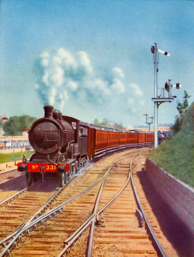 डबलिन छोड़कर। महान दक्षिण रेलवे ट्रेन, 4-4-0 यात्री एक्सप्रेस, 1935 द्वारा संचालित है। द्वारा अज्ञात