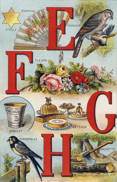 पत्र EFGH; निगलना; प्रशंसक; फूल; केक; कप; हैचेट; निगलना। "Alphabet de ma petite fille" में उत्कीर्णन। बर्नार्डिन-बेचेट एंड फिल्स, बुकसेलर-प्रकाशक, पेरिस, 1895 के आसपास। कैनवास पर अटूट एल्बम। बिब्लियोथेक डेस बेब्स। 12 पृष्ठ। एल्बम सह द्वारा अज्ञात