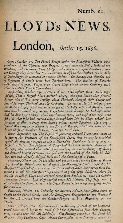 लॉयड्स न्यूज़। लंदन, 15 अक्टूबर, 1696 - नंब। 20, 1928 द्वारा अज्ञात