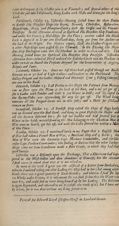 लॉयड्स न्यूज़। लंदन, 15 अक्टूबर, 1696 - नंब। 20, 1928 द्वारा अज्ञात