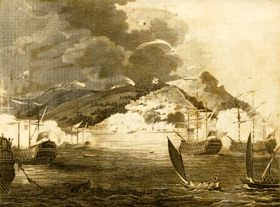 लॉर्ड एक्समाउथ्स फ्लीट ने 1816 में अल्जीयर्स शहर पर बमबारी की। द्वारा अज्ञात