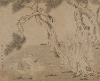 लुओहान, परिचारक, और पाइंस के तहत उपासक, युआन या मिंग राजवंश, 1279-1644। द्वारा अज्ञात