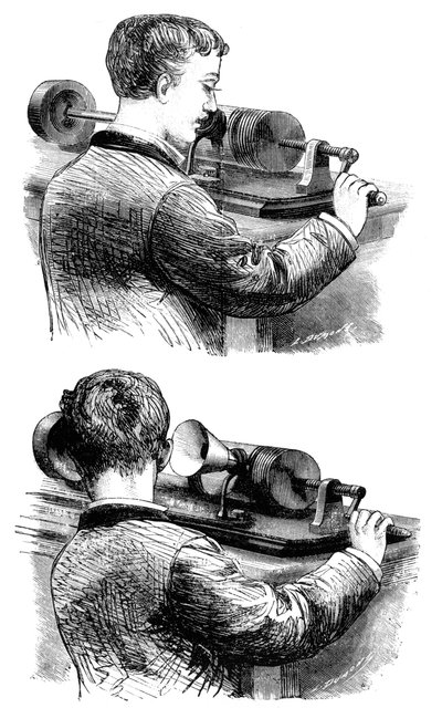 रिकॉर्डिंग बनाना, और सुनना, पहले एडिसन फोनोग्राफ, 1878 द्वारा अज्ञात