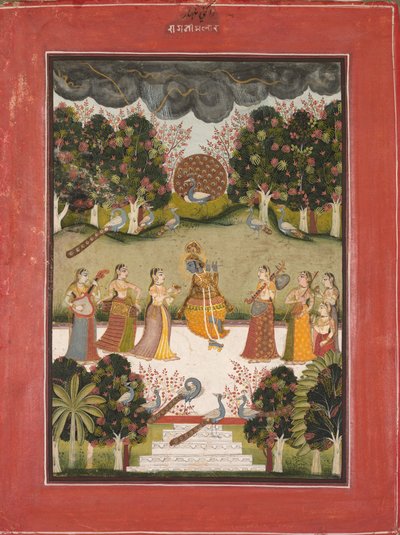 मलार रागिनी: कृष्ण बांसुरी बजाना सात गोपियों के लिए संगीत वाद्ययंत्र बजाना ..., सी। 1760। द्वारा अज्ञात