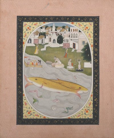 हिंदू तांत्रिक दृश्य के साथ पांडुलिपि चित्रकारी, दो मछली का चित्रण, 1800-1820। द्वारा अज्ञात
