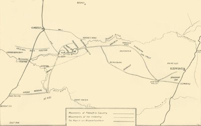 किम्बरली और रिलीफ ऑफ ब्लोमफोंटेन, 1901 के राहत के लिए आंदोलनों का चित्रण मानचित्र। द्वारा अज्ञात