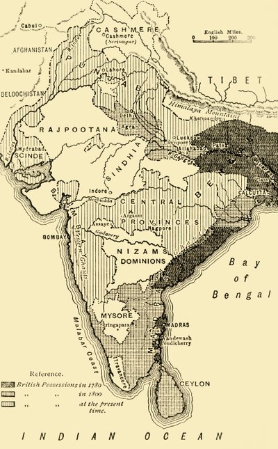भारत का नक्शा, 1780,1800 में ब्रिटिश संभावनाओं को दर्शाता है, और वर्तमान समय में, 1890। द्वारा अज्ञात