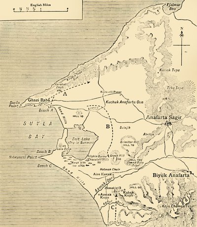 सुवाला खाड़ी का नक्शा, गैलीपोली प्रायद्वीप, प्रथम विश्व युद्ध, 1915, c1920। द्वारा अज्ञात