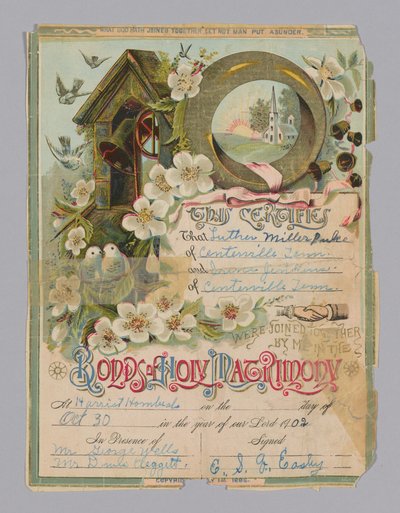 लूथर मिलर पल्स और आइरीन जेनकिंस का विवाह प्रमाण पत्र, 30 अक्टूबर, 1902। द्वारा अज्ञात