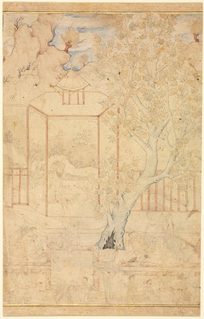 मास्टर और शिष्य एक गार्डन मंडप में, एकल पृष्ठ चित्रण, सी। 1570-1590s। द्वारा अज्ञात