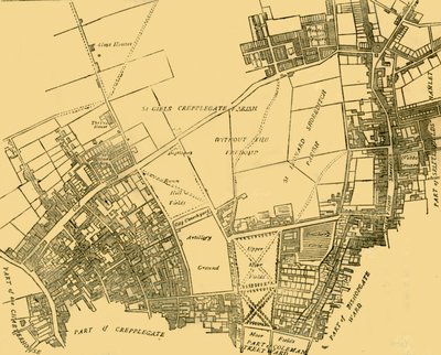 मूरफील्ड्स एंड इट्स नेबरहुड फ्रॉम अ मैप ऑफ़ 1717, c1872। द्वारा अज्ञात