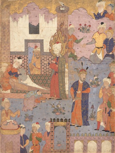 मुहम्मद बीमार लड़के को पुनर्जीवित करता है, जाफर अल-सादिक, 1550 के ओमेन्स की एक फलनामा बुक से फोलियो। द्वारा अज्ञात