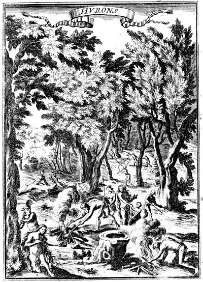 1686 में वुडलैंड में उत्तर अमेरिकी ह्यूरॉन इंडियंस शिकार और भोजन तैयार करते हैं द्वारा अज्ञात