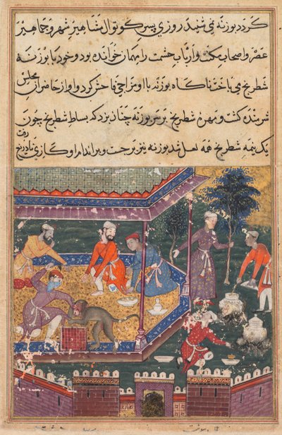 तोते की कहानी टुटी-नाम से पन्ना: पांचवीं रात: घायल बंदर हाथ काटता है। c1560 द्वारा अज्ञात