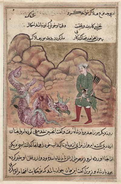 एक तोते की कहानियों से पृष्ठ टट्टी-नामा: पचासवीं रात: पवित्र आदमी का बेटा ..., सी। 1560। द्वारा अज्ञात