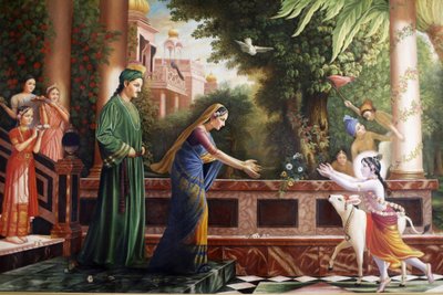 भक्तिवेदांत मनोर में पेंटिंग युवा कृष्ण को माता यशोदा और नंद महाराज (उनके पालक माता-पिता) वाटफोर्ड ग्रांडे-ब्रेटगेन के पास दौड़ते हुए दर्शाती है द्वारा अज्ञात