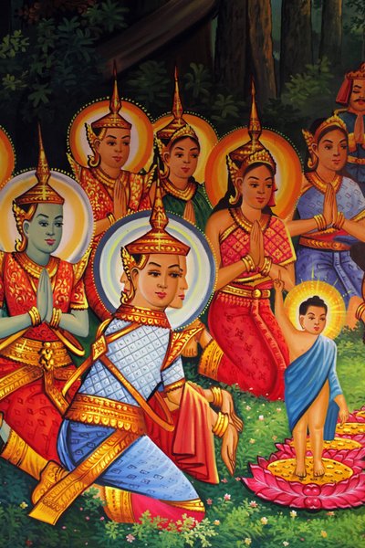 वाट थान नोम पेन्ह कंबोज में बुद्ध के जन्मदिन (वेसाक) को दर्शाती पेंटिंग द्वारा अज्ञात