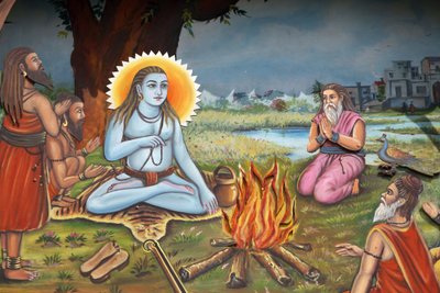 अनुयायियों से घिरे एक पवित्र व्यक्ति (शिव की तरह एक बाघ की खाल पर बैठे) को दर्शाती पेंटिंग हरिद्वार India द्वारा अज्ञात