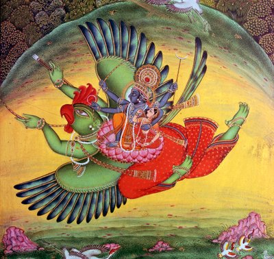 पक्षी-देवता गरुड़ पर सवार विष्णु और उनकी पत्नी लक्ष्मी की पेंटिंग द्वारा अज्ञात