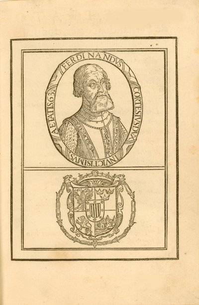 हर्नान कोर्टेस 1485-1547 के अपने कोट ऑफ आर्म्स के साथ पोर्ट्रेट, 1588। द्वारा अज्ञात