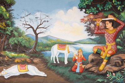 प्रीह प्रोम रथ मठ बुद्ध का जीवनद ग्रेट टोंसुर: बुद्ध ने अपनी तलवार से अपने बाल काटे फिर उन्होंने एक भिखारी के वस्त्र के लिए अपने राजकुमार के कपड़े बदलेफिर उन्होंने आत्मज्ञान के लिए अपनी खोज शुरू की, सिएम रीप, कंबोडिया द्वारा अज्ञात