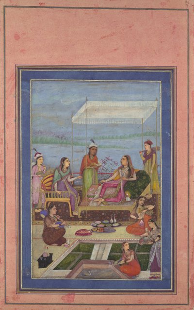 राजकुमारी बालकनी पर एक आगंतुक का मनोरंजन करती हुई, डेविस एल्बम से फोलियो, 17वीं शताब्दी के दूसरे भाग के मध्य में। द्वारा अज्ञात