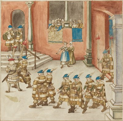 बालकनी पर महिलाओं द्वारा देखा गया शूरवीरों का जुलूस, c. 1515. द्वारा अज्ञात