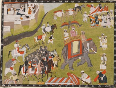 19वीं सदी के अंत में, सशस्त्र अनुरक्षण और अनुचरों के साथ हाथी पर एक राजा का जुलूस द्वारा अज्ञात