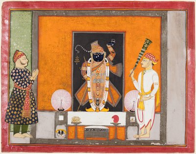 राजा राम सिंह कृष्ण को ब्रज नाथजी के रूप में पूजते हैं, c। 1820। द्वारा अज्ञात