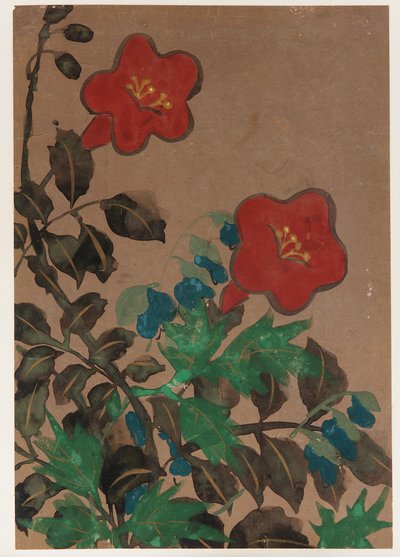 लाल और नीले फूल और पत्ते, ईदो काल, 1615-1868। द्वारा अज्ञात