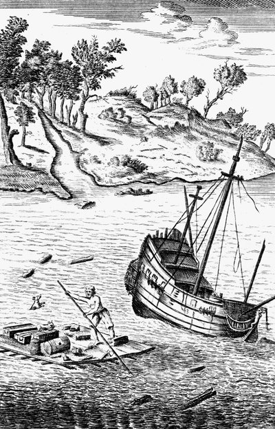 रॉबिन्सन क्रूसो शिप के मलबे से अपना माल बचाते हुए, c1719 द्वारा अज्ञात