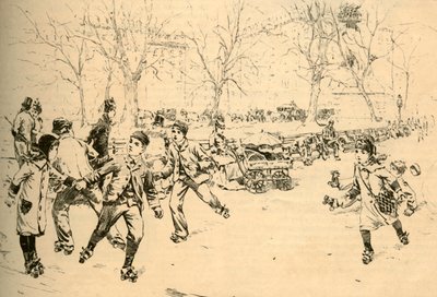 1881 में मैडिसन स्क्वायर, न्यूयॉर्क में रोलर-स्केटिंग। द्वारा अज्ञात