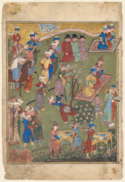 रॉयल फेस्टिवल इन ए गार्डन रेक्टो, फ्रॉम द डबल-पेज फ्रंटस्पिलिज ऑफ ए शाहनामा ..., 1444। द्वारा अज्ञात