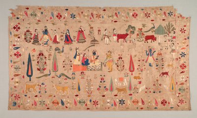 रुमाल को कृष्ण जीवन के दृश्यों के साथ सजाया गया, 1700। द्वारा अज्ञात