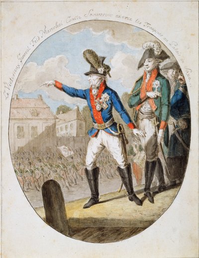 रूसी क्षेत्र मार्शल अलेक्जेंडर सुवोरोव ने सैनिकों का निरीक्षण किया, c1794 द्वारा अज्ञात