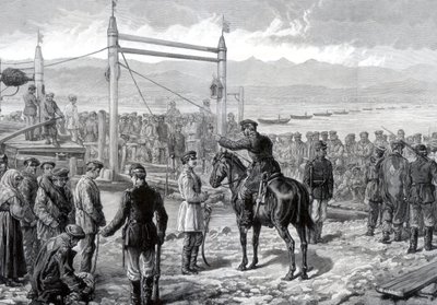 सैन्य अनुरक्षण के तहत रूसी अपराधियों को येनइसी, साइबेरिया, 1882 नदी के पार होने का इंतजार है द्वारा अज्ञात