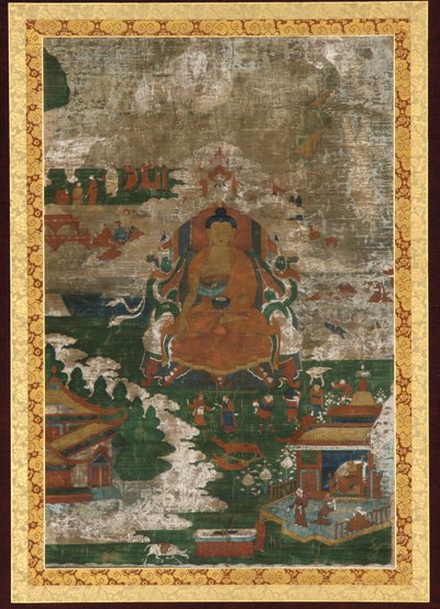 शाक्यमुनि सिंहासनारूढ़, और जीवनी संबंधी दृश्य, 18वीं शताब्दी। द्वारा अज्ञात