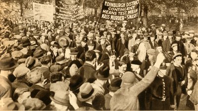 स्कॉटिश मार्चर्स, मीन्स टेस्ट विरोध प्रदर्शन, हाइड पार्क, लंदन, 1932, 1933। द्वारा अज्ञात