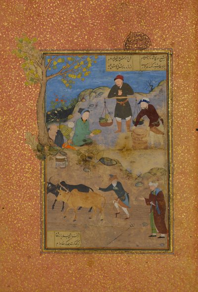 शेख महनेह एंड द विलेजर, फोलियो 49आर फ्रॉम ए मंतिक अल-तेर लैंग्वेज ऑफ द बर्ड्स, 1487। द्वारा अज्ञात