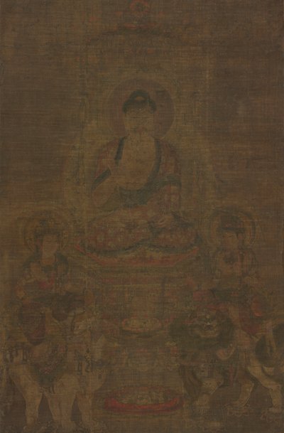 शाक्यमुनि त्रय: बुद्ध मंजुश्री और सामंतभद्र द्वारा सम्मिलित, सी। 900। द्वारा अज्ञात