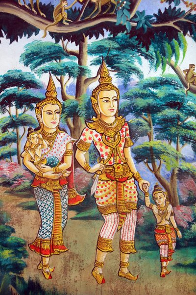 सिद्धार्थ गौतम, उनकी पत्नी यशोधरा और उनके पुत्र राहुला। शाक्यमुनि बुद्ध की जीवन गाथा को दर्शाती पेंटिंग। वाट नक्सई। वियनतियाने। लाओस, 20151106, वियनतियाने, लाओस द्वारा अज्ञात
