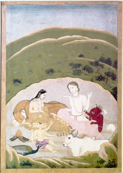 शिव और पार्वती अपने बच्चों, गणेश और कार्तिकग्य के साथ कैलाश पर्वत पर, सी1745 द्वारा अज्ञात