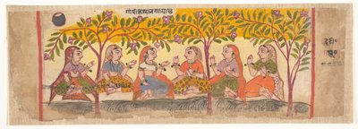 पेड़ों के नीचे बैठी छह गोपियाँ: एक बिखरे हुए भागवत पुराण का पृष्ठ...1600-10। द्वारा अज्ञात