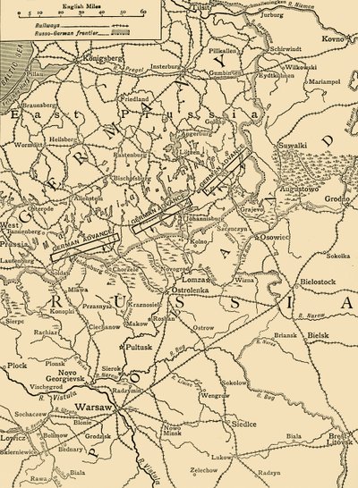 फरवरी, 1915, c1920 में वारसॉ के उत्तर में जर्मन हमले का चित्रण करने के लिए स्केच मैप। द्वारा अज्ञात