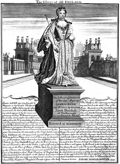 क्वीन ऐनी 1665-1714, ब्लेनहेम पैलेस, ऑक्सफ़ोर्डशायर, 1738 की प्रतिमा द्वारा अज्ञात