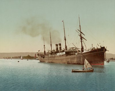 स्वेज नहर, पोर्ट टेफिक के पास लाल सागर में प्रवेश करने वाला जहाज, c.1900 (रंगीन फोटोक्रोम) द्वारा अज्ञात