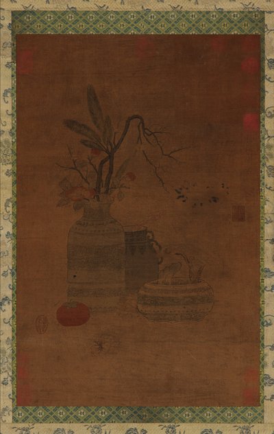 टेपेस्ट्री: एक कटोरा, दो जार, फूल और फल, संभवतः मिंग राजवंश, 1368-1644। द्वारा अज्ञात