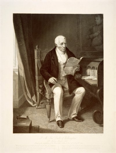 ड्यूक ऑफ वेलिंगटन अपने घर एप्सली हाउस, लंदन, 1846 में संदेश पढ़ते हुए द्वारा अज्ञात